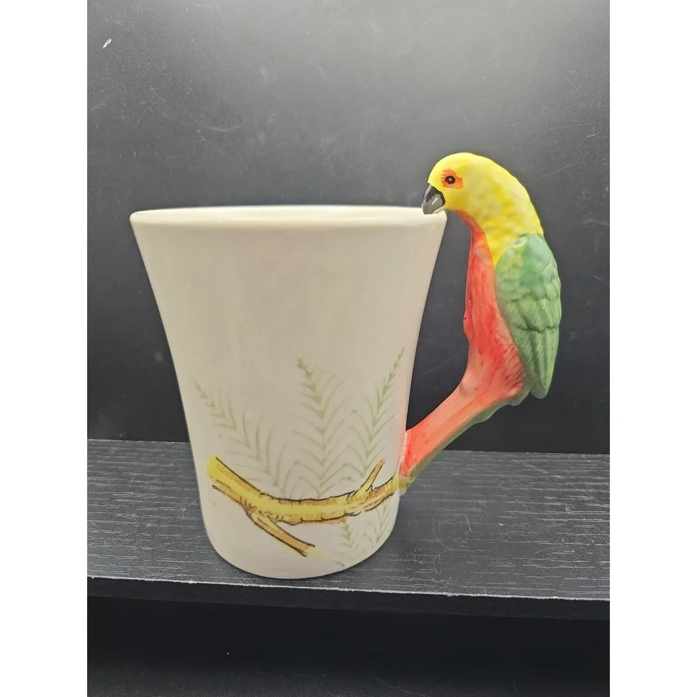 Pier 1 Parrot Bird Handle Large Coffee/Tea Mug  Green Yellow 5